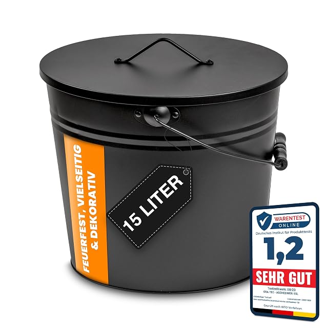 Un cubo de cenizas negro mate de 15 litros con empuñadura de madera y tapa bien ajustada