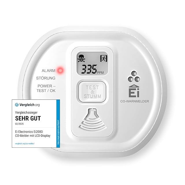 Detector de monóxido de carbono Ei Electronics Ei208D redondo y blanco con una pantalla LCD en la cara