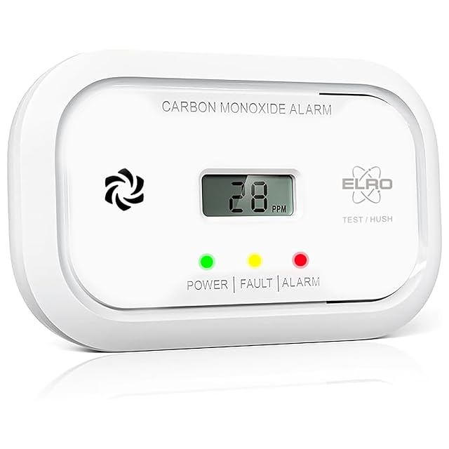 Detector de monóxido de carbono ELRO FC5003 blanco con una pantalla LCD rectangular y un botón de prueba