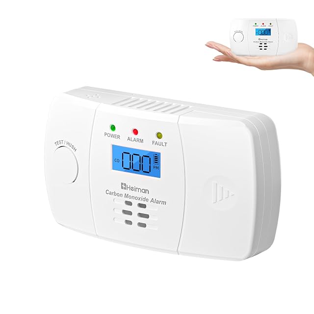 Detector de monóxido de carbono Heiman blanco con una pantalla LCD rectangular y una luz de estado de tres colores
