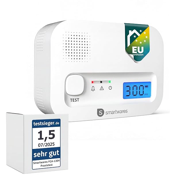 Detector de monóxido de carbono Smartwares blanco con pantalla digital y un botón de prueba central