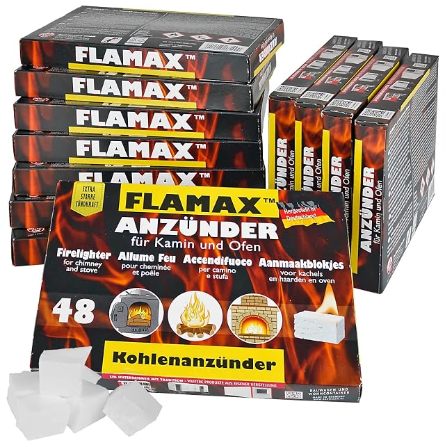 Paquetes de pastillas de encendido prensadas FLAMAX, a cuarenta y ocho pastillas por paquete