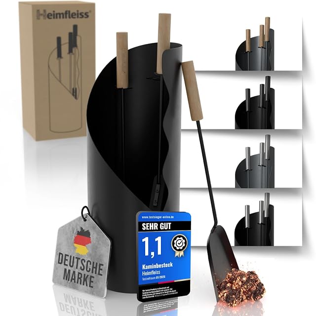 Un juego negro de herramientas de chimenea con mangos de madera apoyado en una base de silicona autoadhesiva