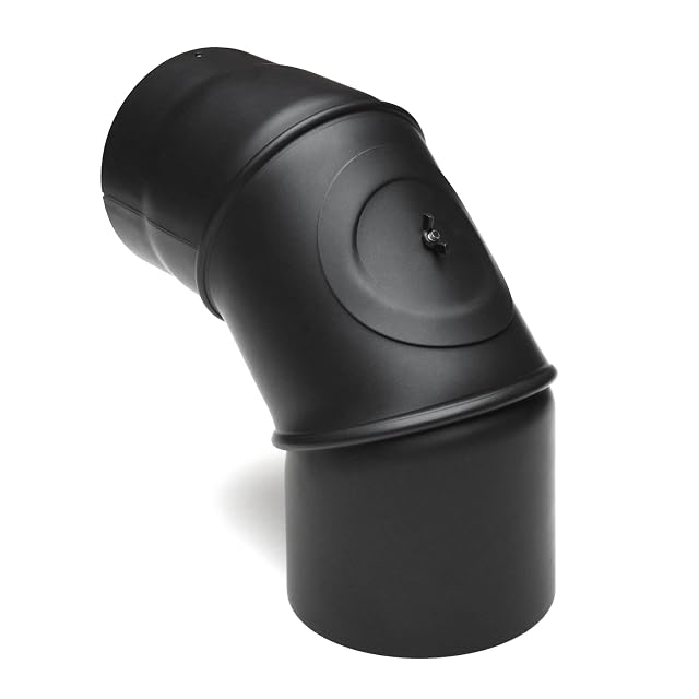 Un codo negro orientable de tres piezas para tubo de estufa de 120 milímetros con una puerta de limpieza integrada