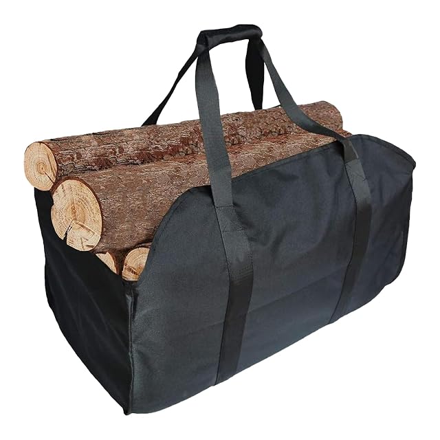 Una bolsa negra impermeable de tejido Oxford para transportar leña, con el cuerpo completamente cerrado