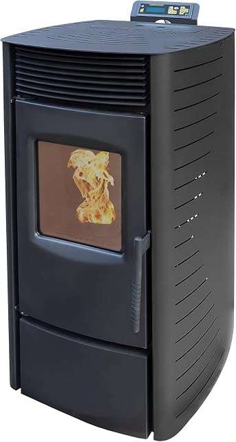 Estufa de pélets Nemaxx P9 negra con pantalla multifunción sobre una ventana de hogar alta