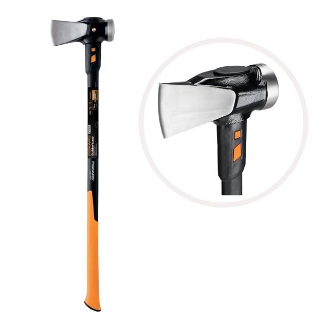 Hacha de partir Fiskars IsoCore XXL negra y naranja con talón de martillo y mango compuesto largo