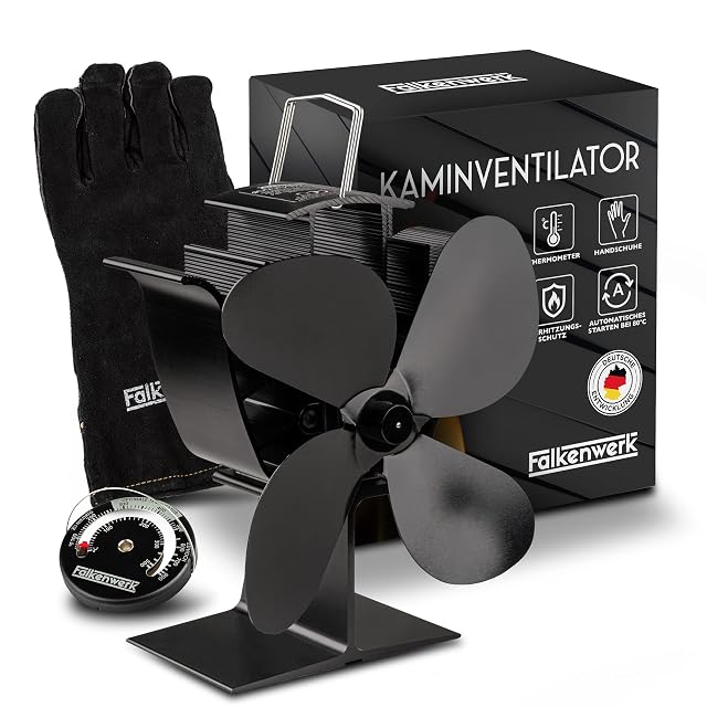 Ventilador de estufa Falkenwerk negro suministrado con un termómetro de estufa magnético redondo y un guante resistente al calor