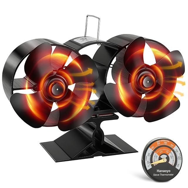 Ventilador de estufa Hanaoyo de aluminio anodizado con ocho aspas sobre dos motores y un termómetro de estufa magnético