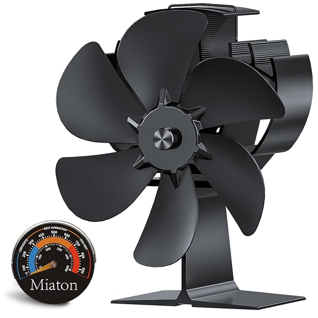 Ventilador de estufa Miaton negro anodizado con seis aspas inclinadas junto a un termómetro de estufa magnético redondo
