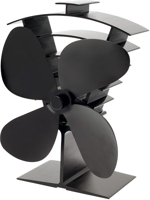 Ventilador de estufa Valiant Premium 4 negro y compacto con cuatro aspas sobre un cuerpo bajo de aluminio