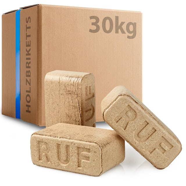 Un lote de 30 kg sin plástico de briquetas de madera dura en forma RUF hechas de virutas de haya y roble
