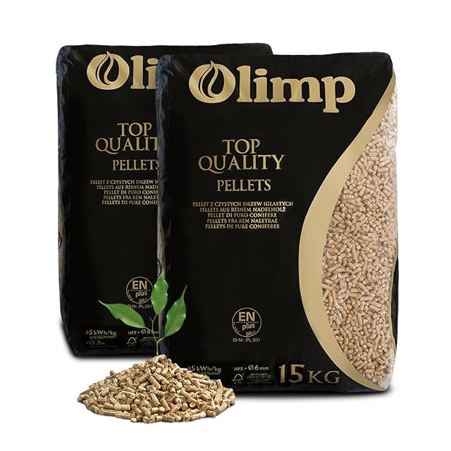 Dos sacos de 15 kg de pélets de madera premium Olimp de 6 mm en envase resistente a la intemperie