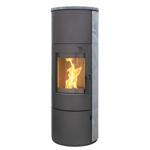 Estufa de leña Thermia München XL redonda en gris fundición con revestimiento de esteatita y una puerta de cristal curvo grande